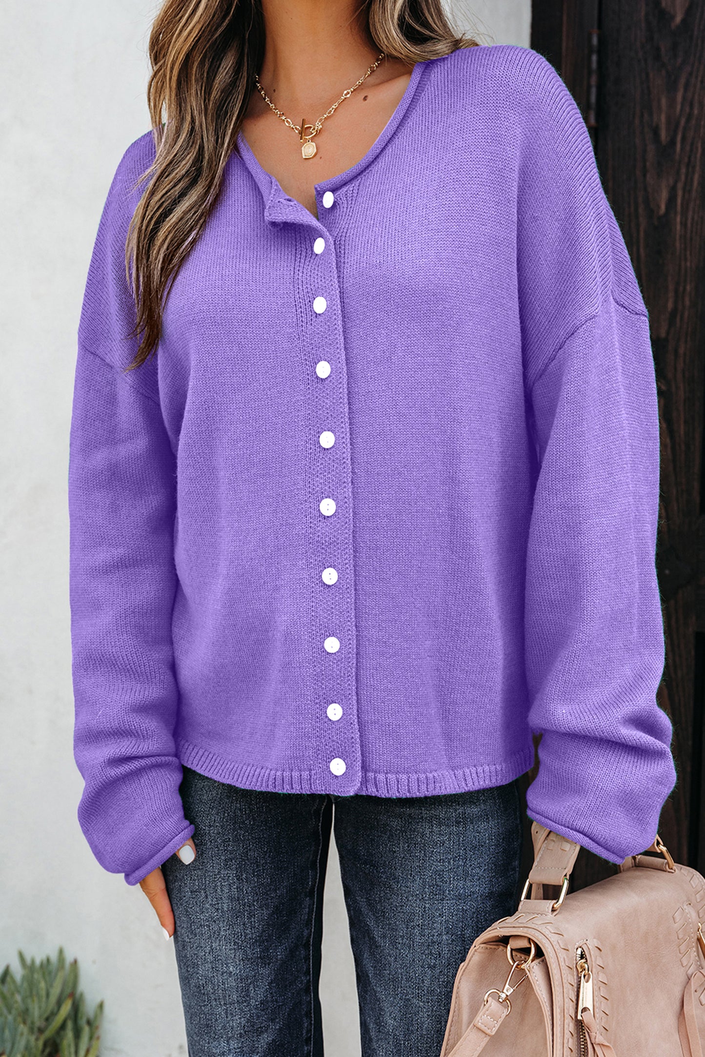Wisteria Solid Color Knit Button Drop Shoulder Sweater Cardigan