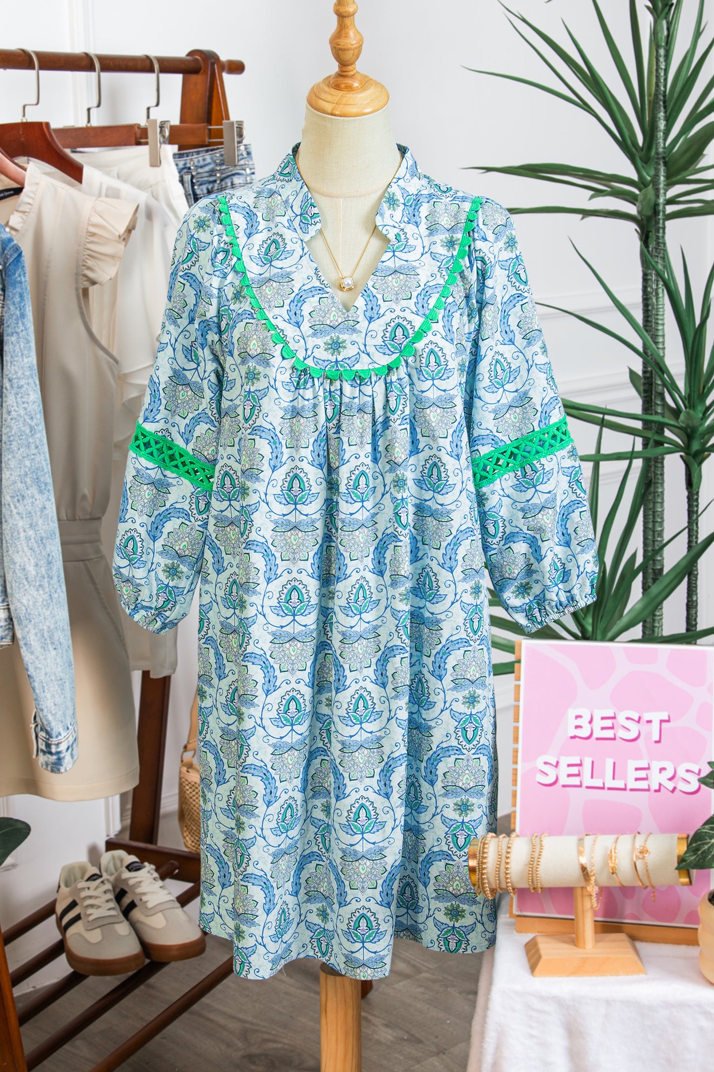 Sky Blue Boho Paisley Print Contrasted Patchwork Detail Bracelet Sleeve Loose Mini Dress