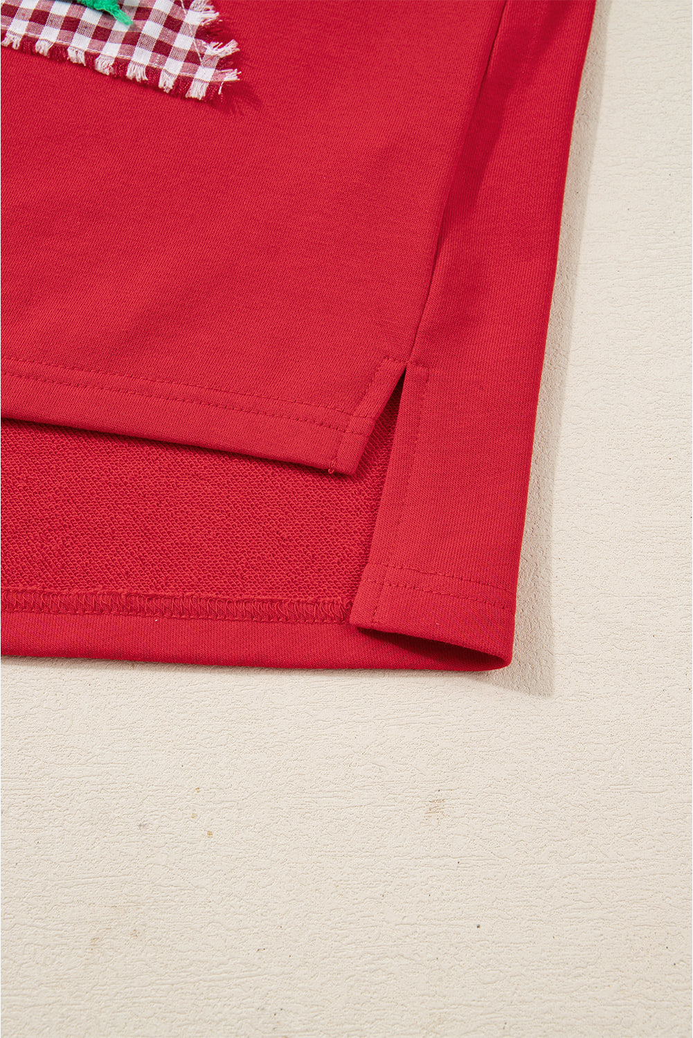 Fiery Red Plaid Frayed Double Christmas Tree Patched Drop Shoulder Sweatshirt