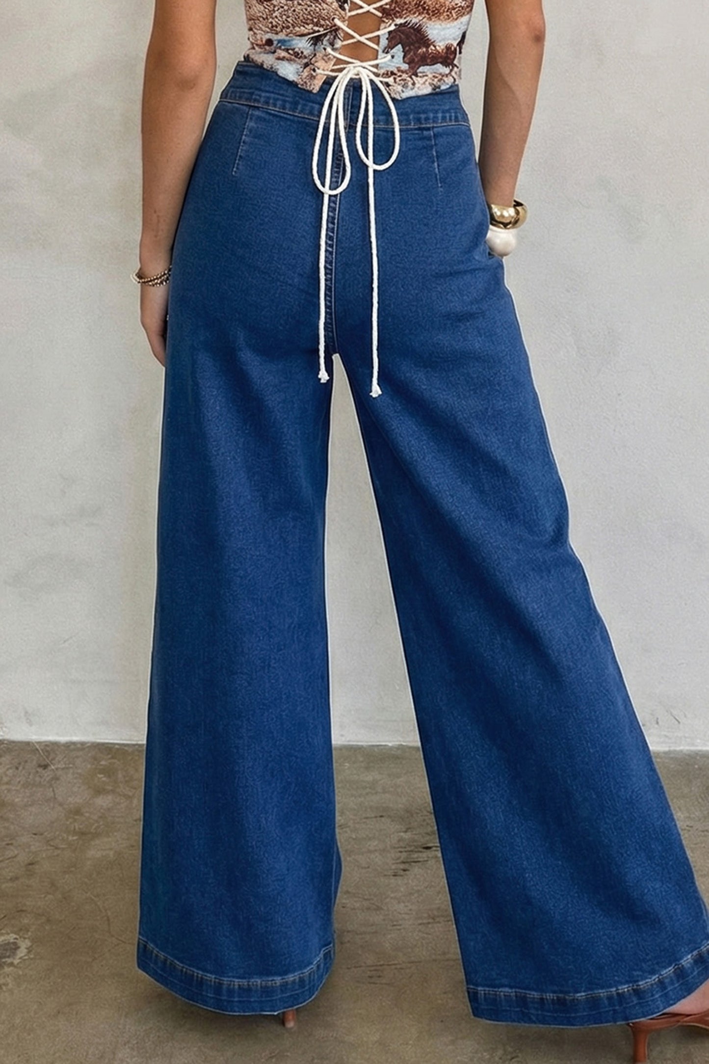 Sail Blue Hardware Decor Patched Pockets Wide Leg Denim Pants