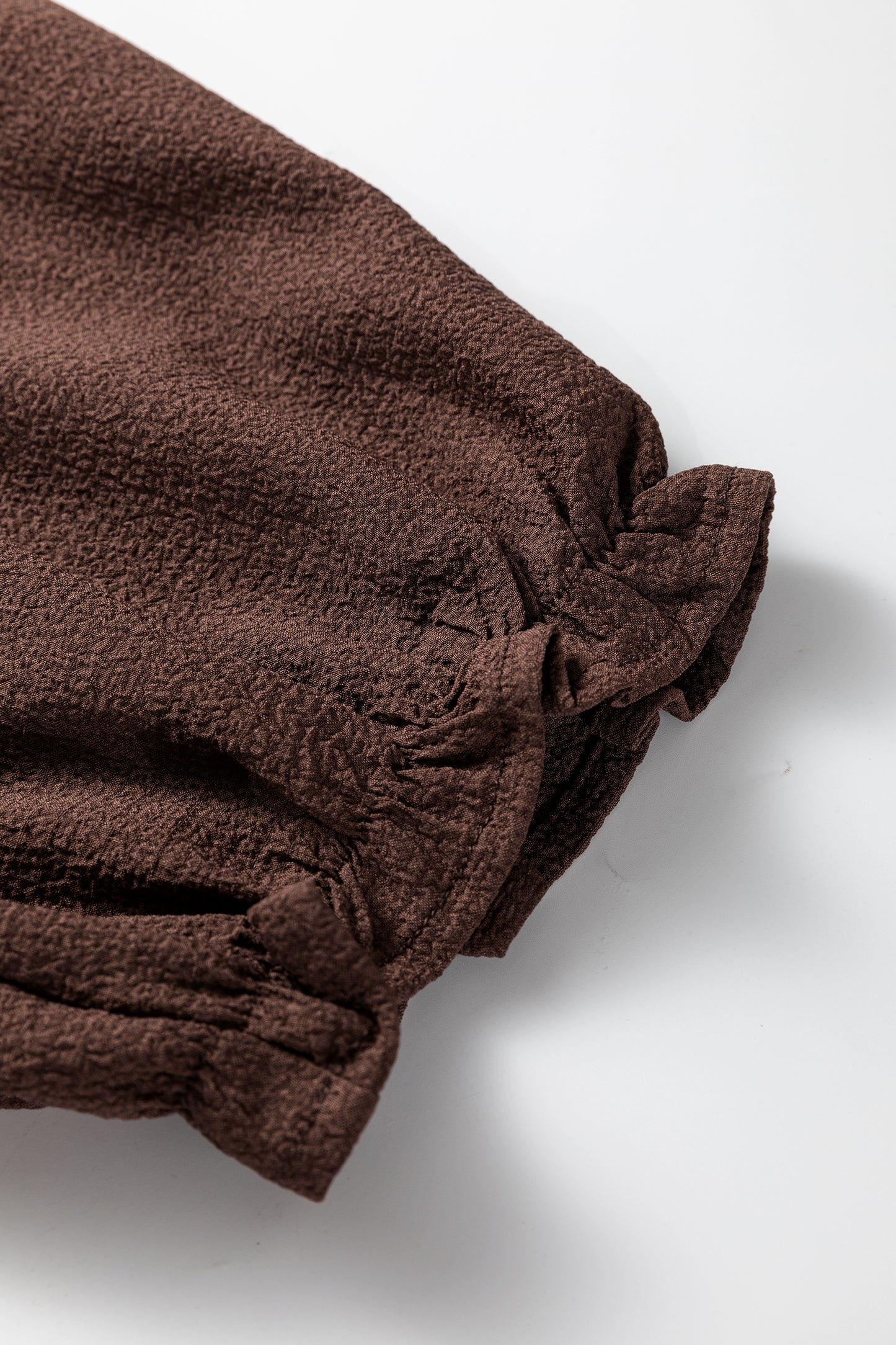 Coffee Plus Size Frilled Trim V Neck Puff Sleeve Textured Mini Dress