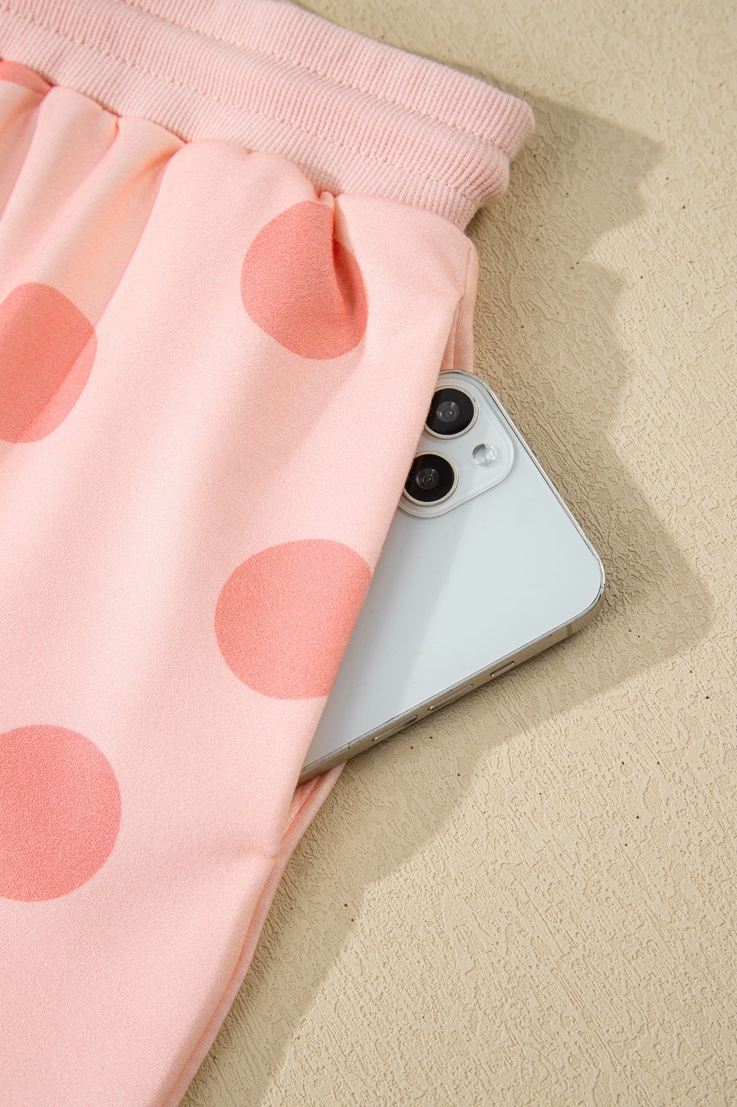 Sky Blue Polka Dot Print Drop Shoulder Pullover Drawstring Shorts Set