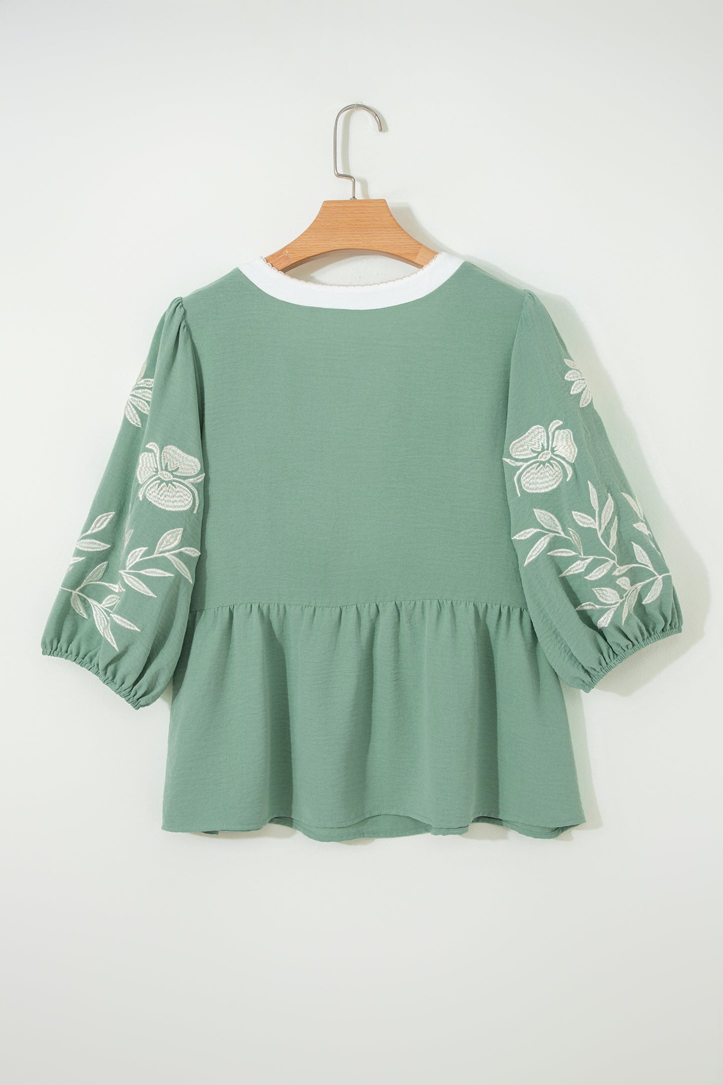 Smoke Green Color Block Patchwork V Neck Embroidered Puff Sleeve Babydoll Blouse