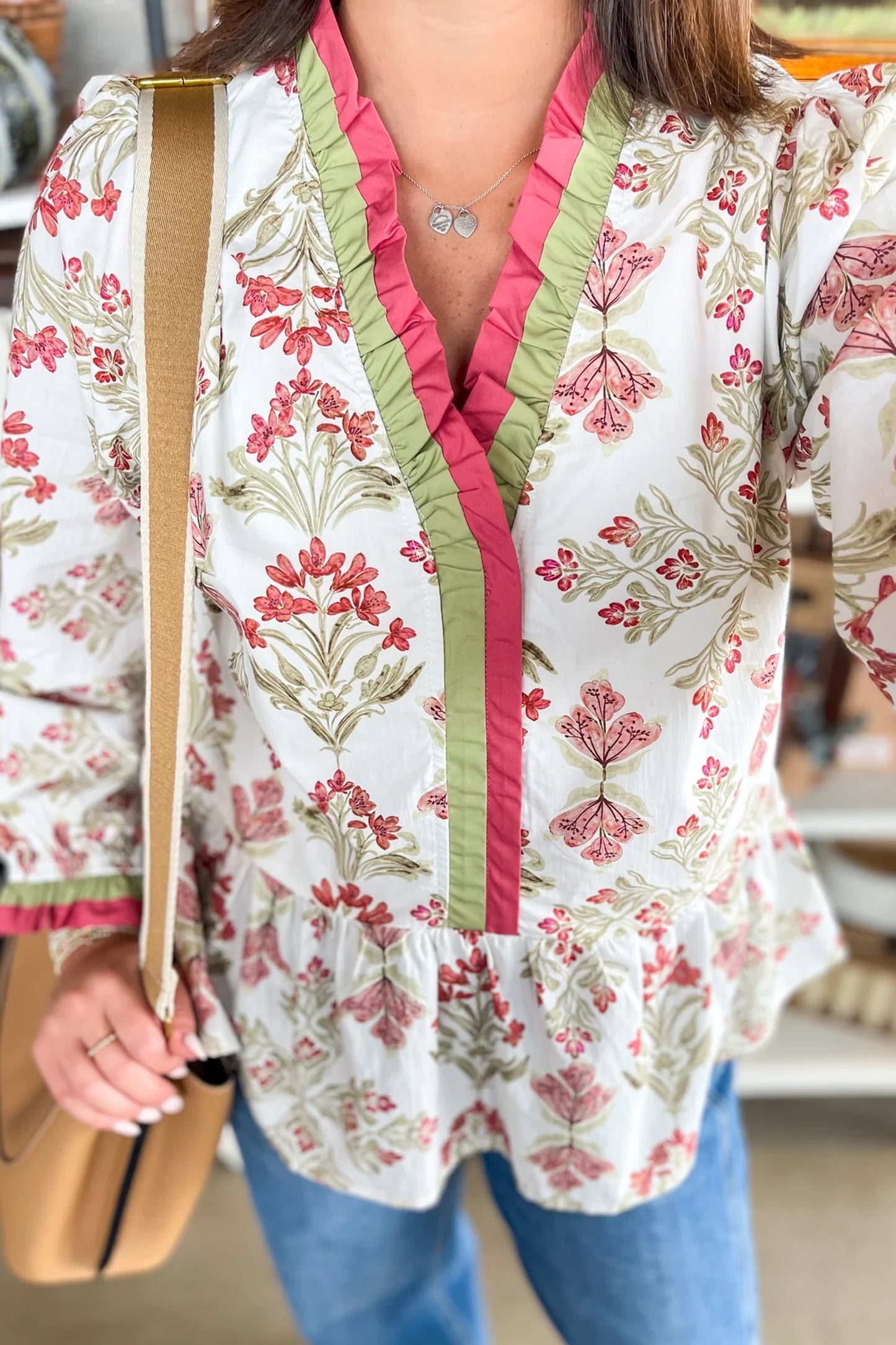 Floral Print Frilled Color Block Trim V Neck Long Sleeve Peplum Top