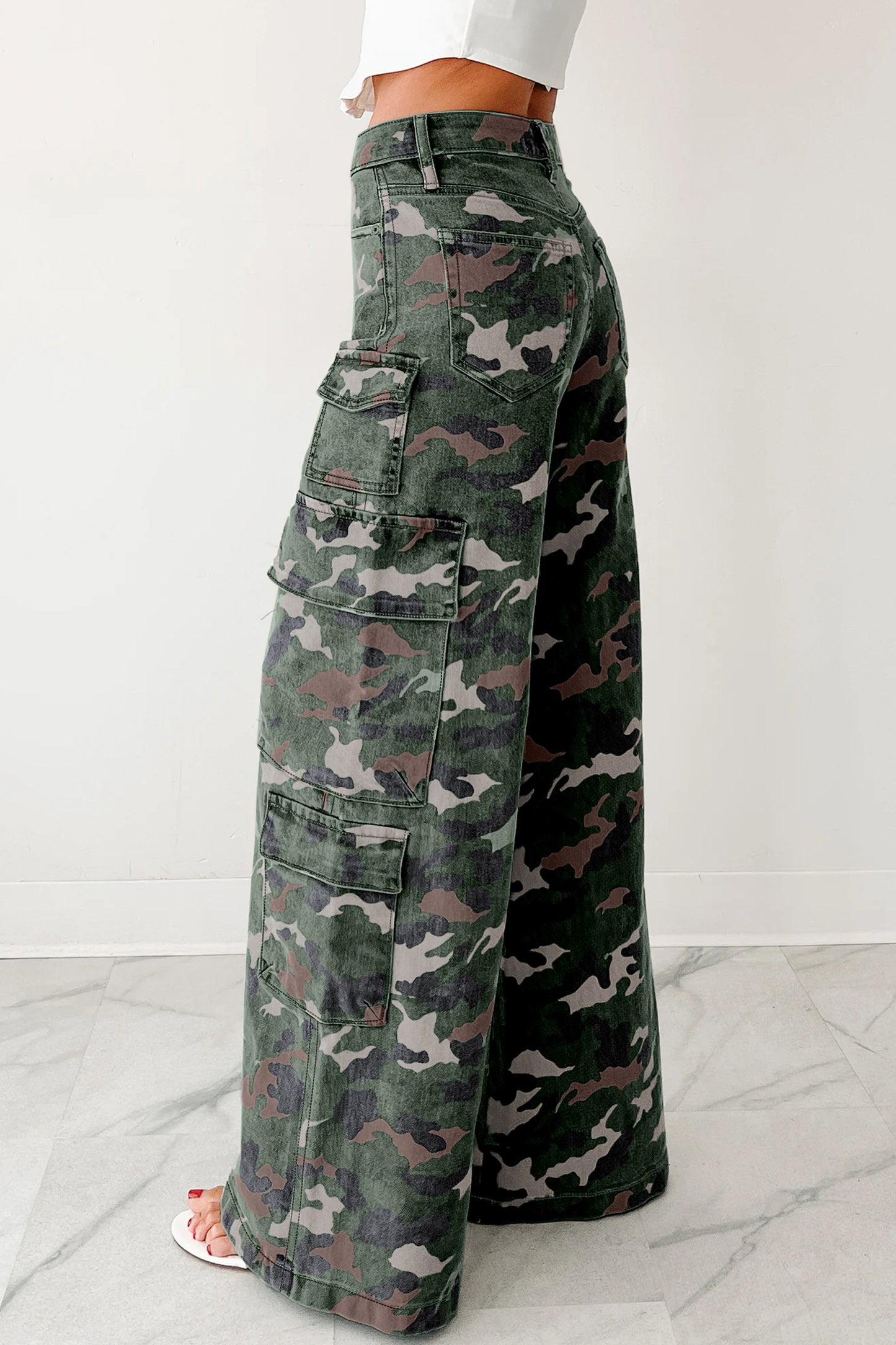 Green Camo Denim Cargo Wide Leg Pants
