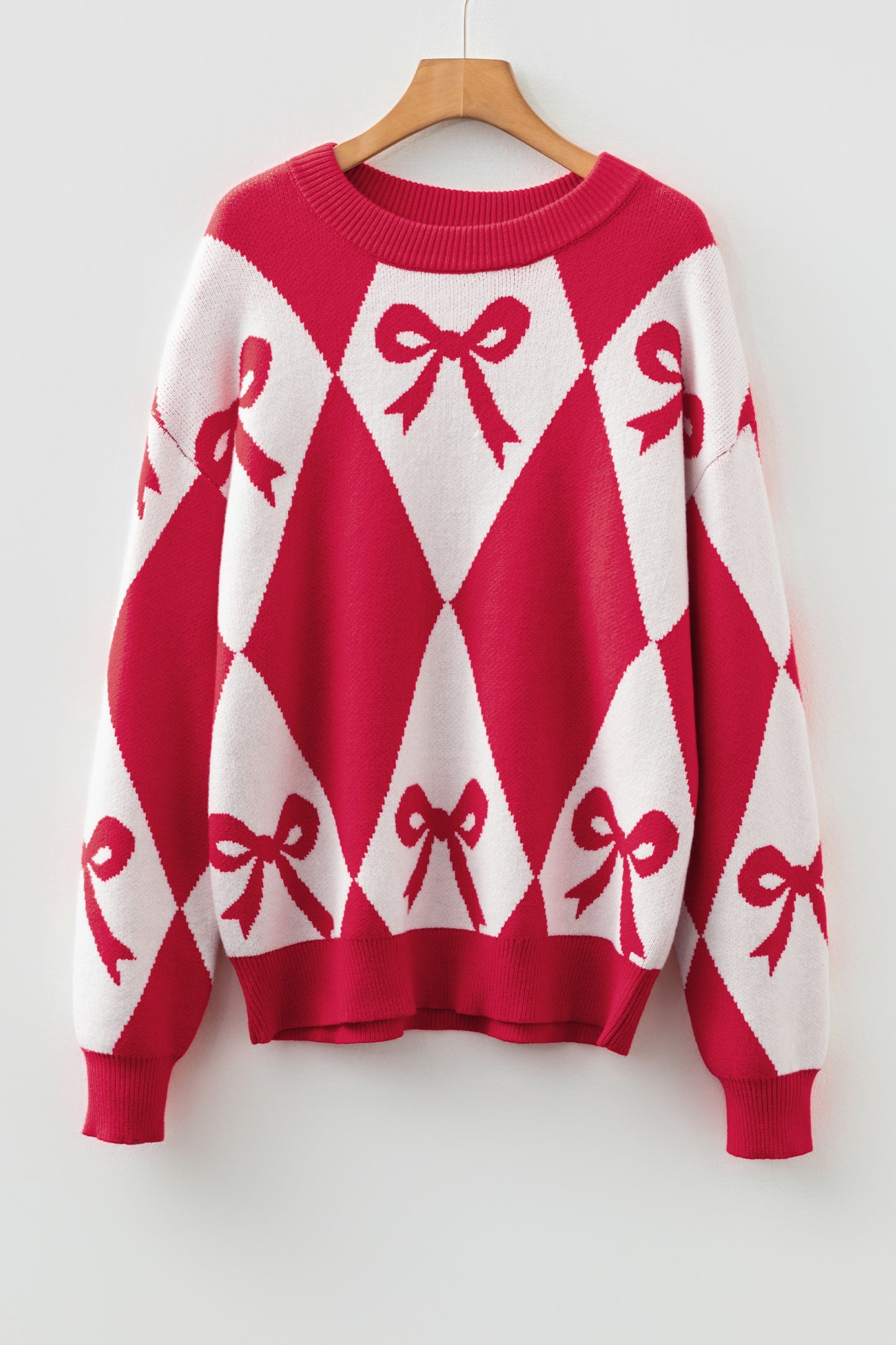 Red Bow Print 2-tone Rhombus Knit Loose Sweater