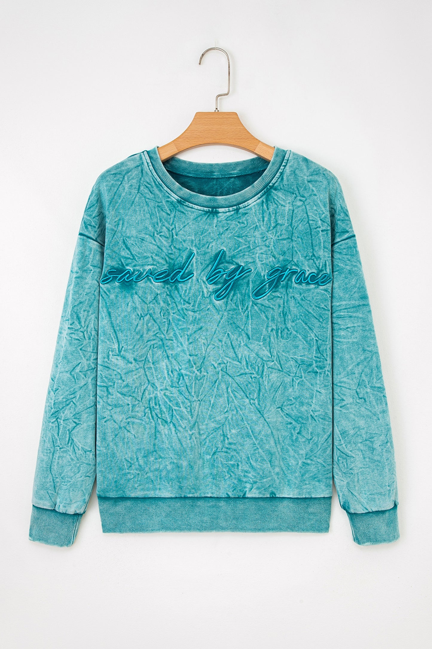 Real Teal saved by grace Letter Embroidery Mineral Wash Loose Sweatshirt