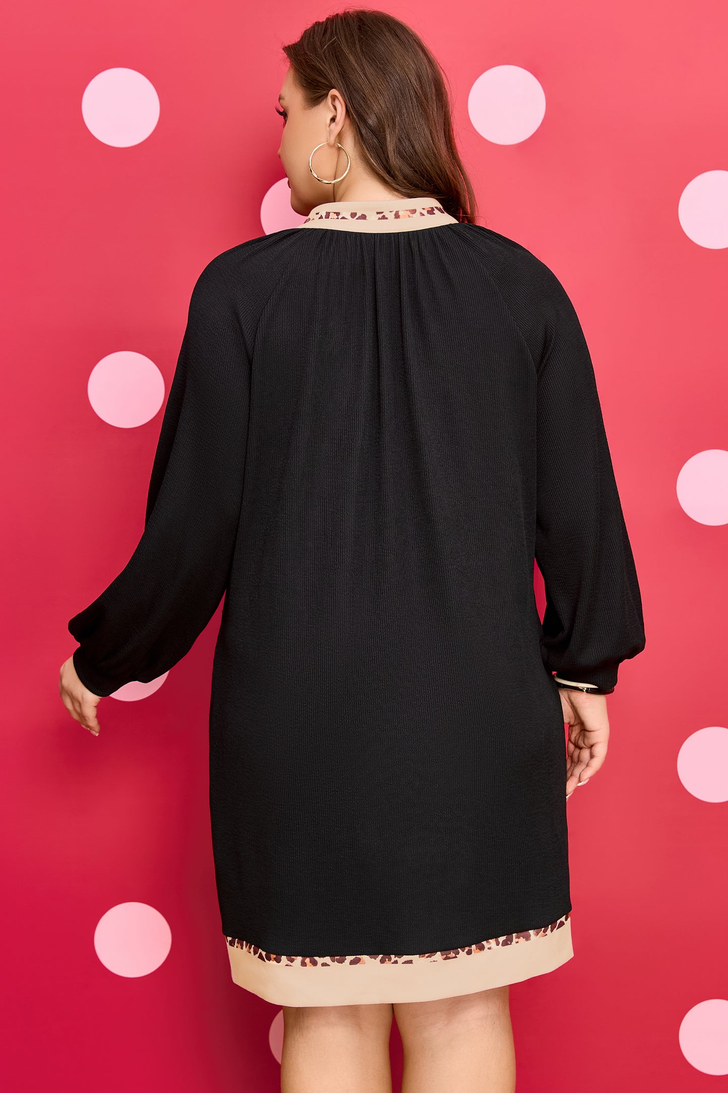 Black Contrast Color Block Leopard Trim Plus Size Ribbed Dress