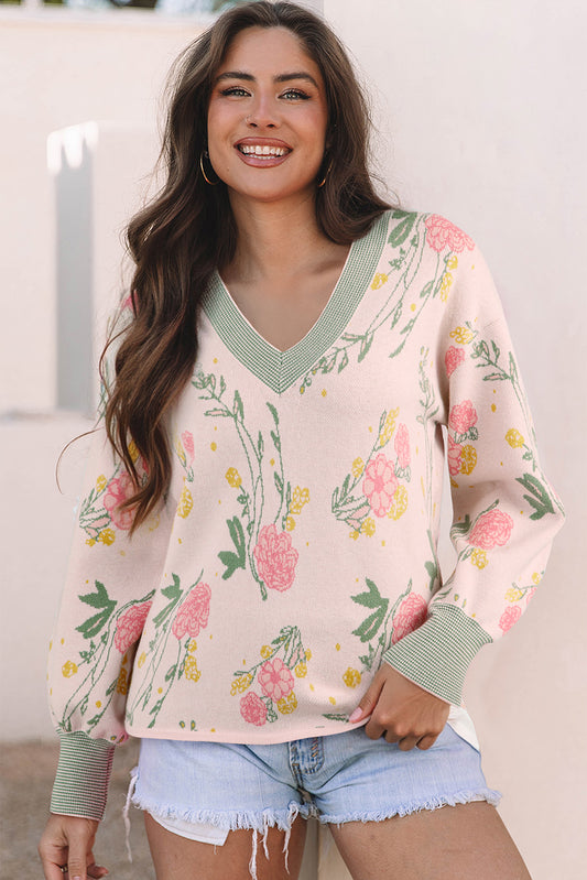 Pink Floral Pattern Striped V Neck Loose Sweater