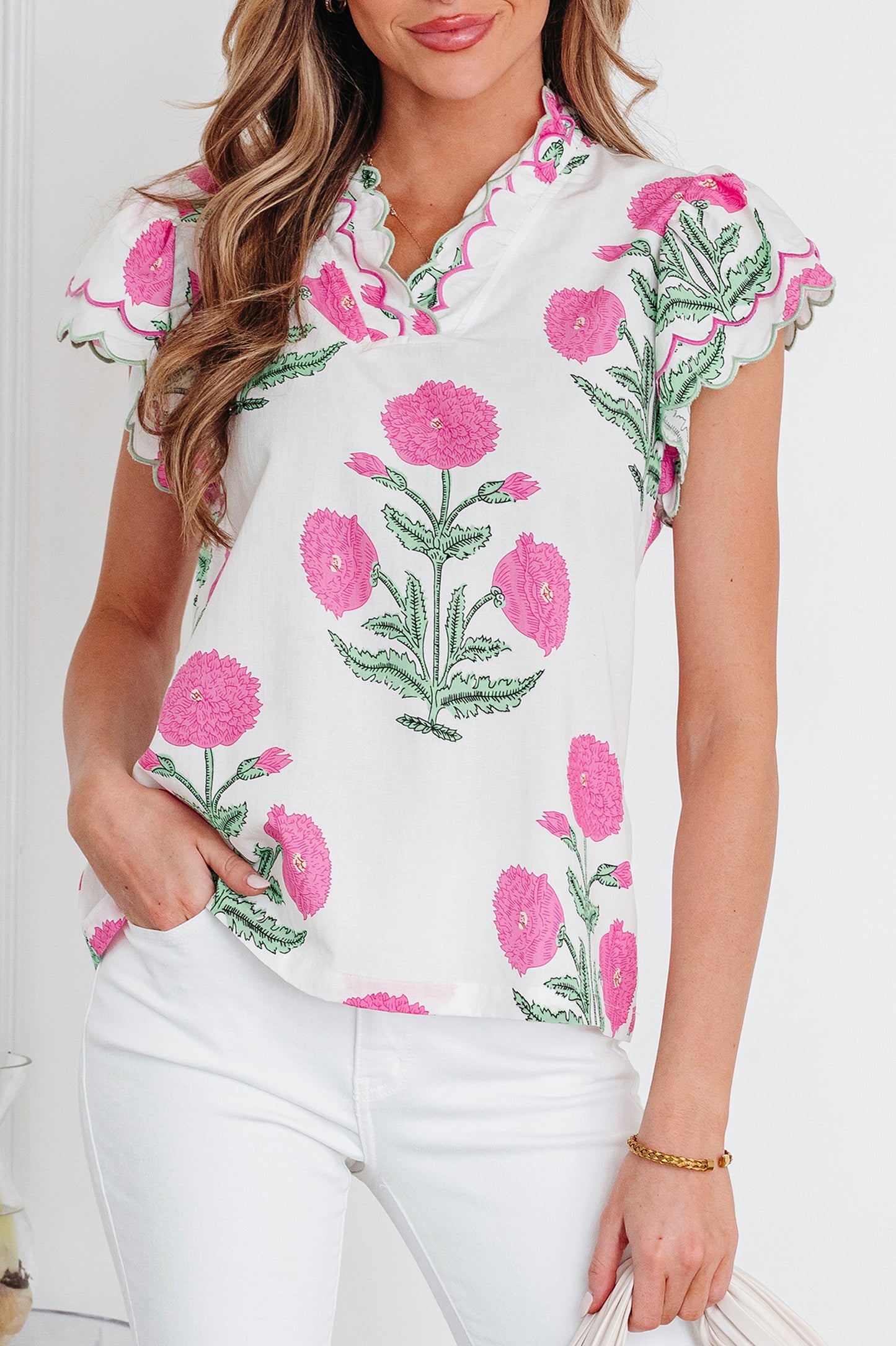 Pink Wild Flower Print Contrast Trim Scallop Detail Short Sleeve Blouse