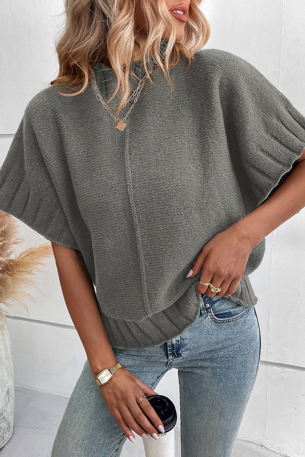 Desert Palm Mock Neck Batwing Short Sleeve Knit Sweater