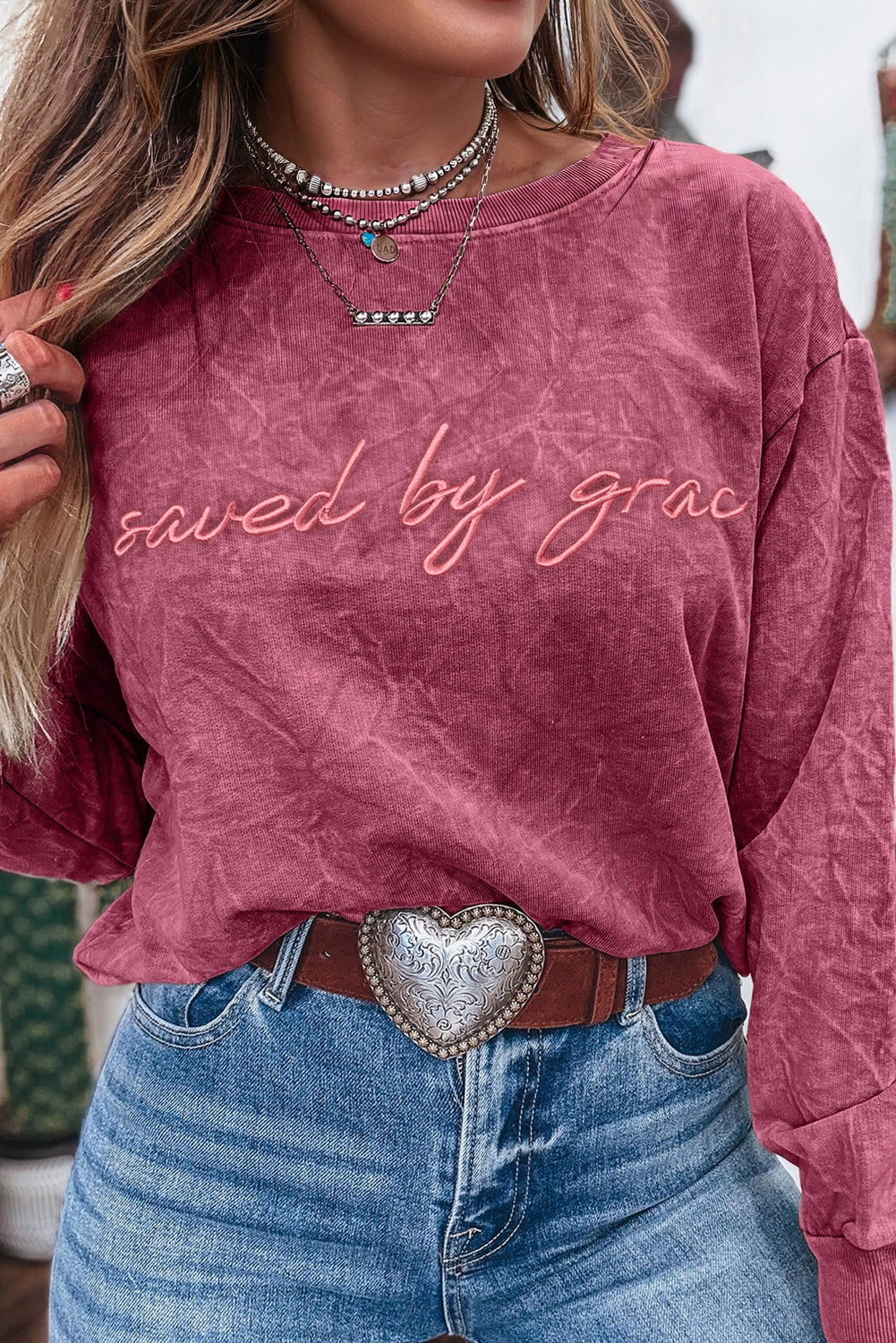 Real Teal saved by grace Letter Embroidery Mineral Wash Loose Sweatshirt