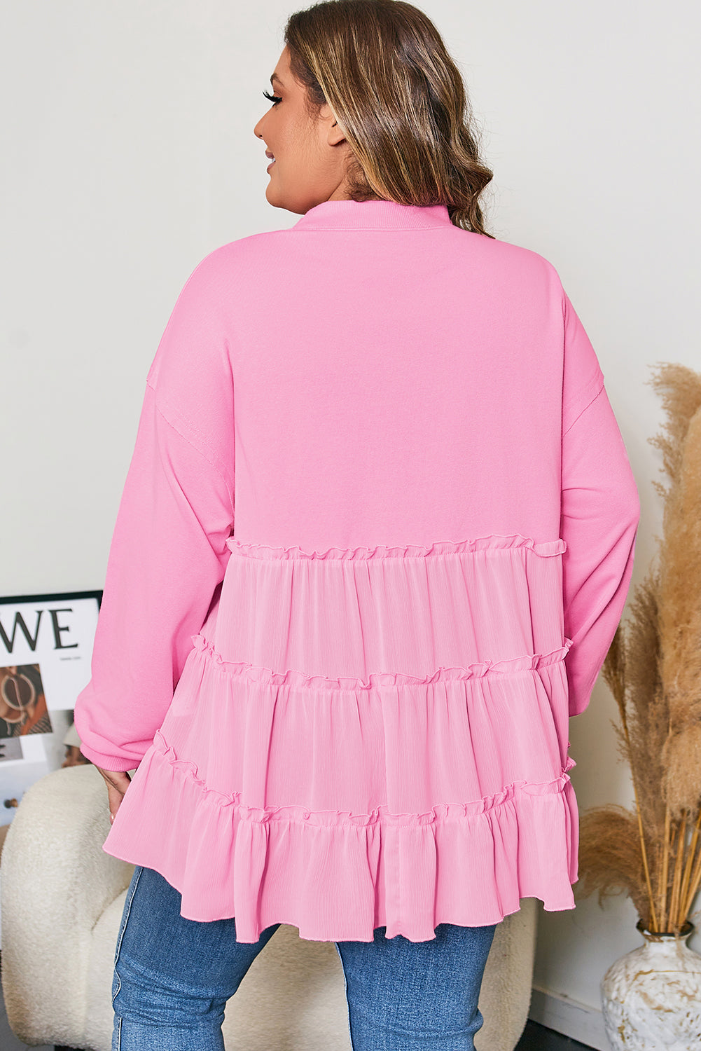 Pink Tiered Ruffle Ribbed Crew Neck Pullover Plus Size Top