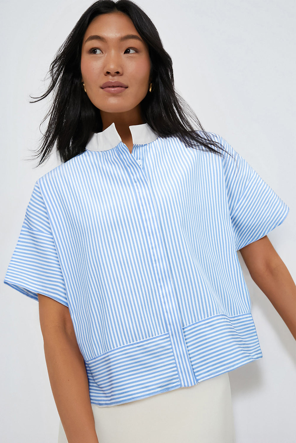 Sky Blue Stripe Contrast Collar Patchwork Hidden Button Short Sleeve Summer Shirt