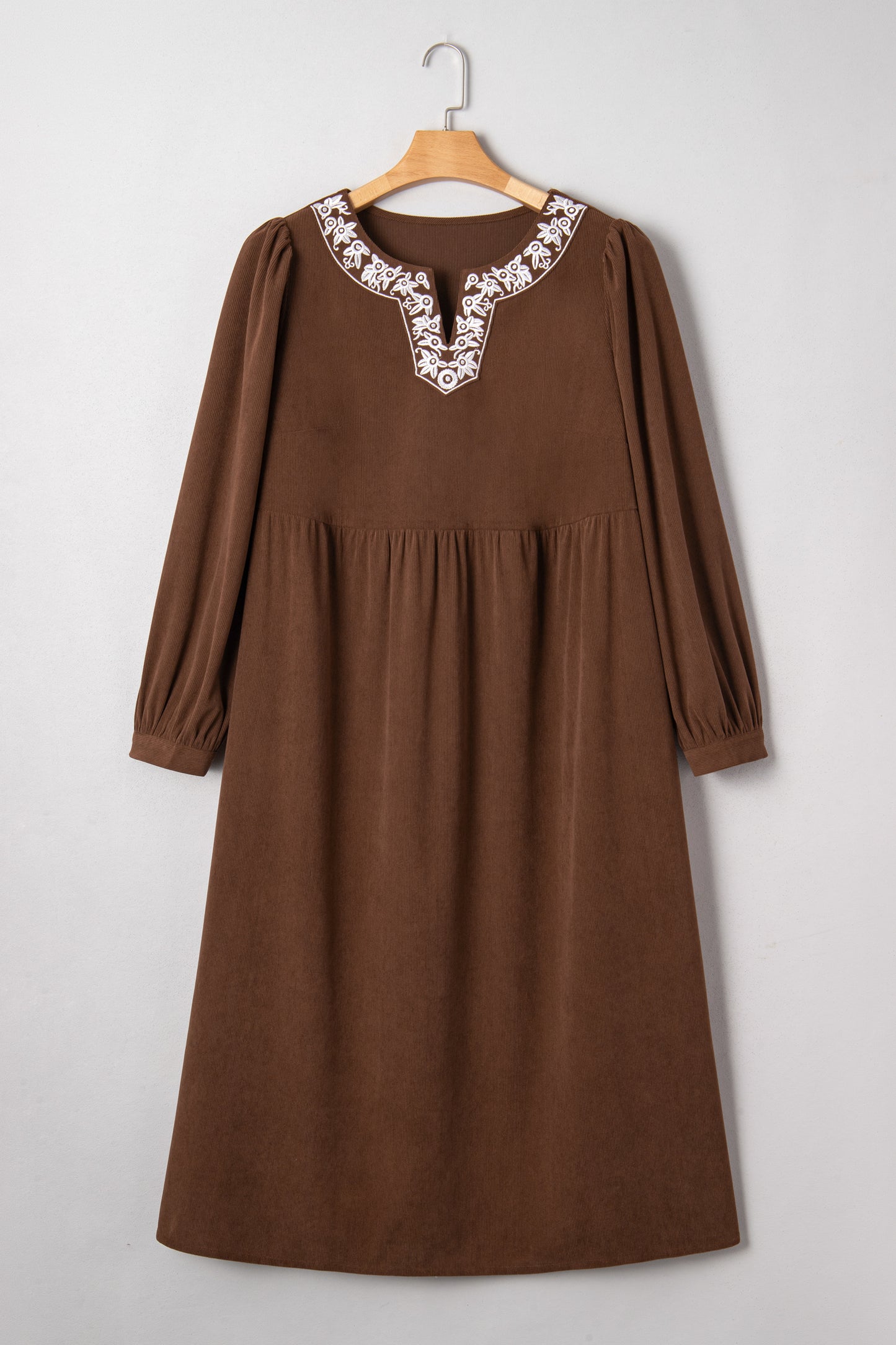 Coffee Embroidered Notched Neckline Textured Pleated High Waist Plus Size Midi Dress
