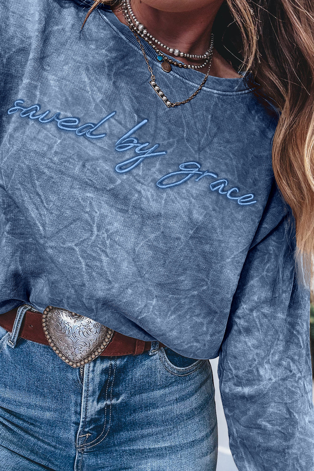 Real Teal saved by grace Letter Embroidery Mineral Wash Loose Sweatshirt