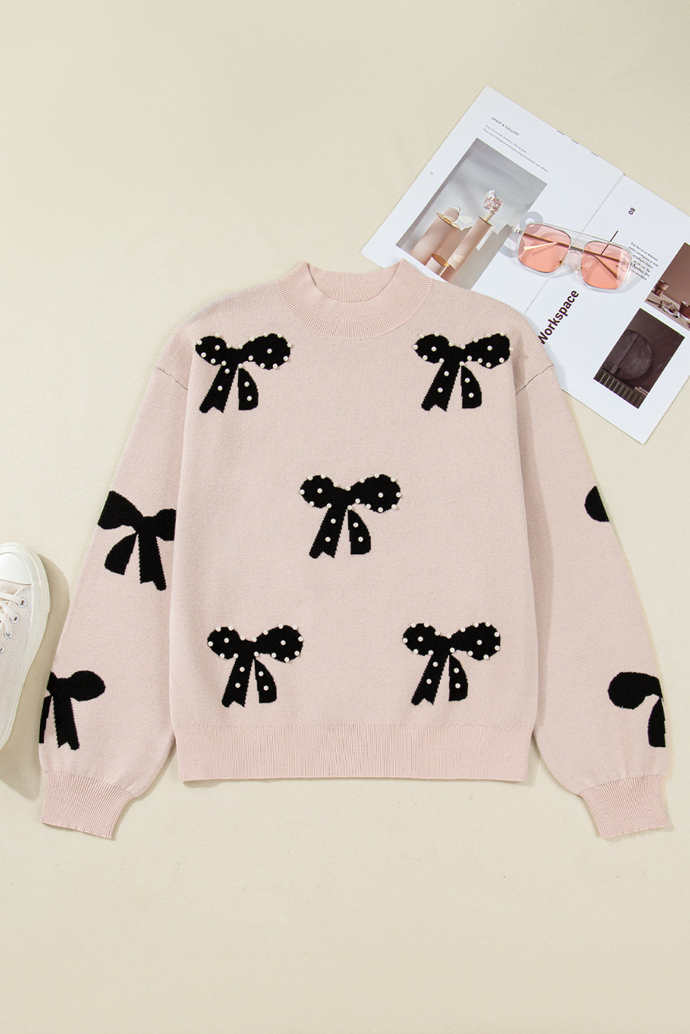 Racing Red Pearl Embellished Bow Pattern Loose Sweater