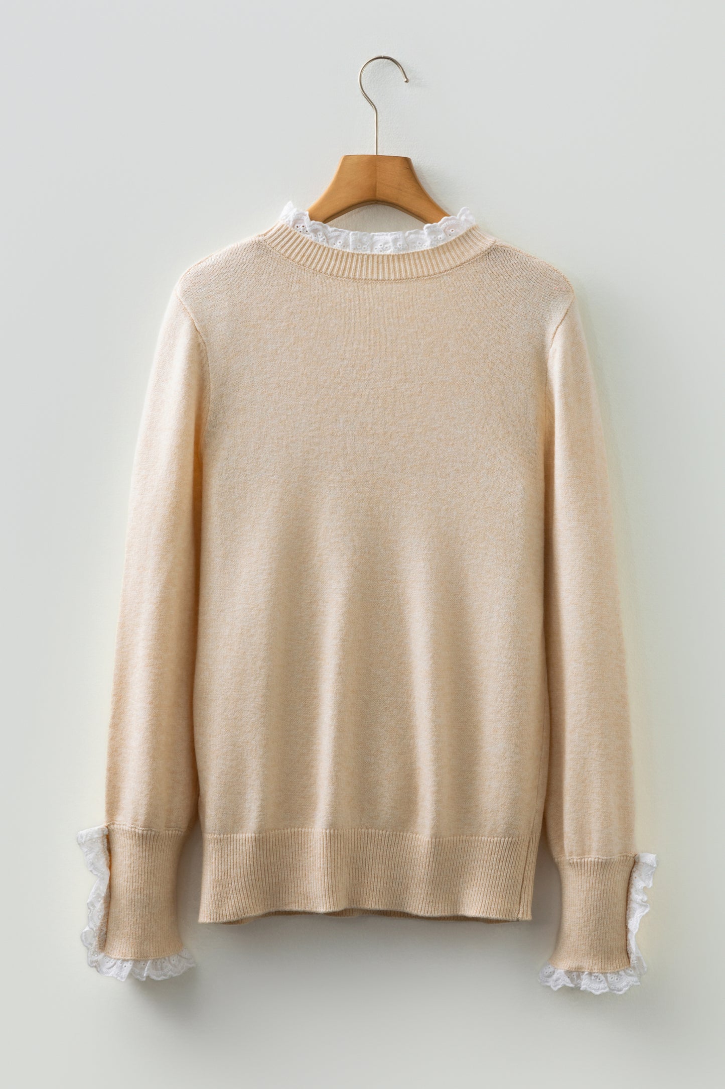 Sleet Lace Trim Patchwork Buttoned Cuffs Loose Sweater