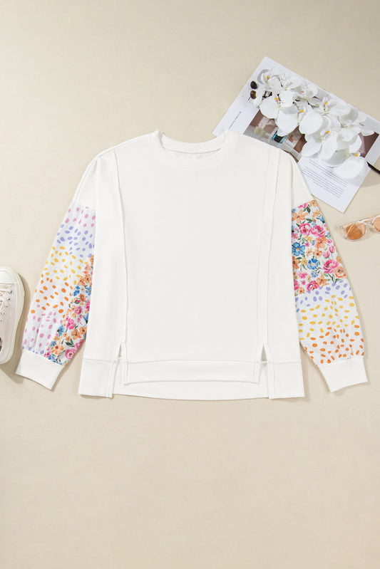 White Plus Size Exposed Seam Detail Contrast Dot Floral Patchwork Sleeve Sweatshirt