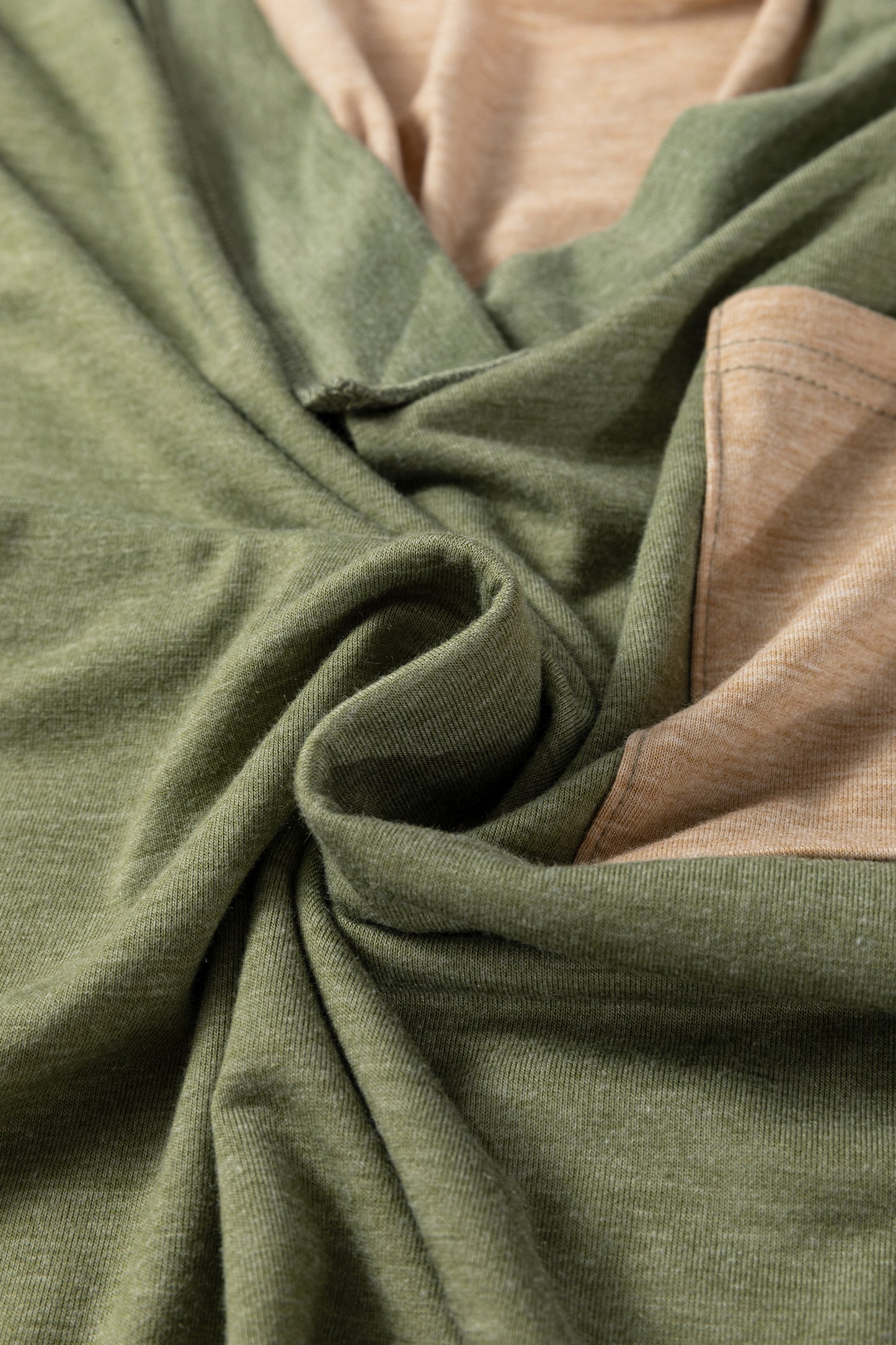 Jungle Green Exposed Stitching Colorblock V Neck Long Sleeve Top