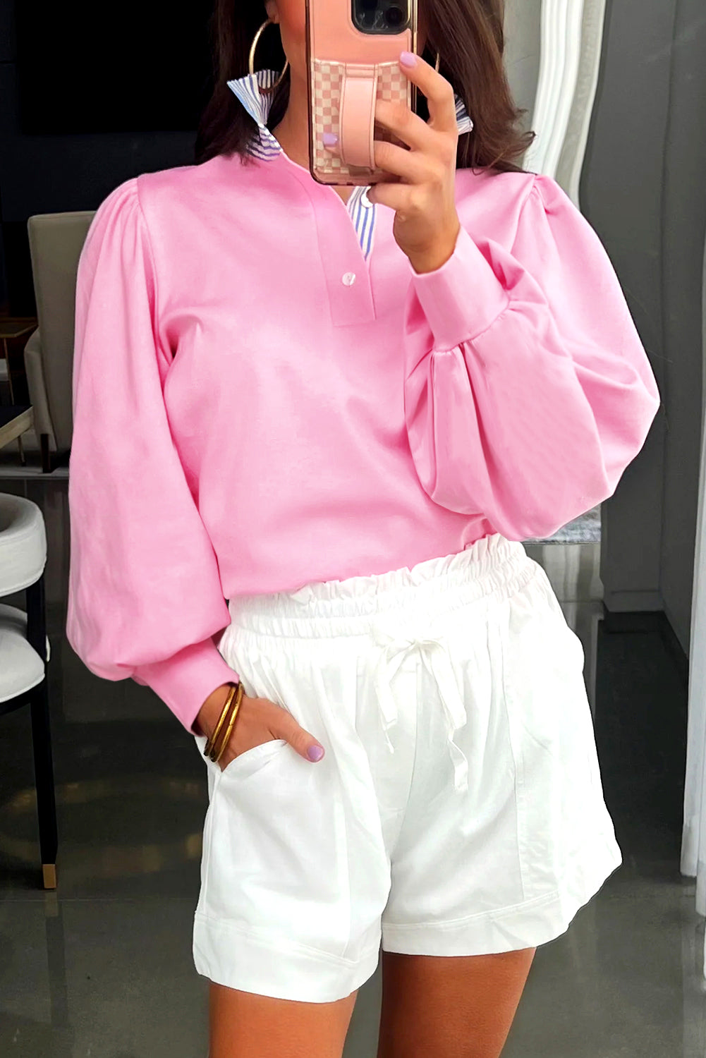 White Button Striped Collar Patchwork Puff Sleeve Sweatshirt