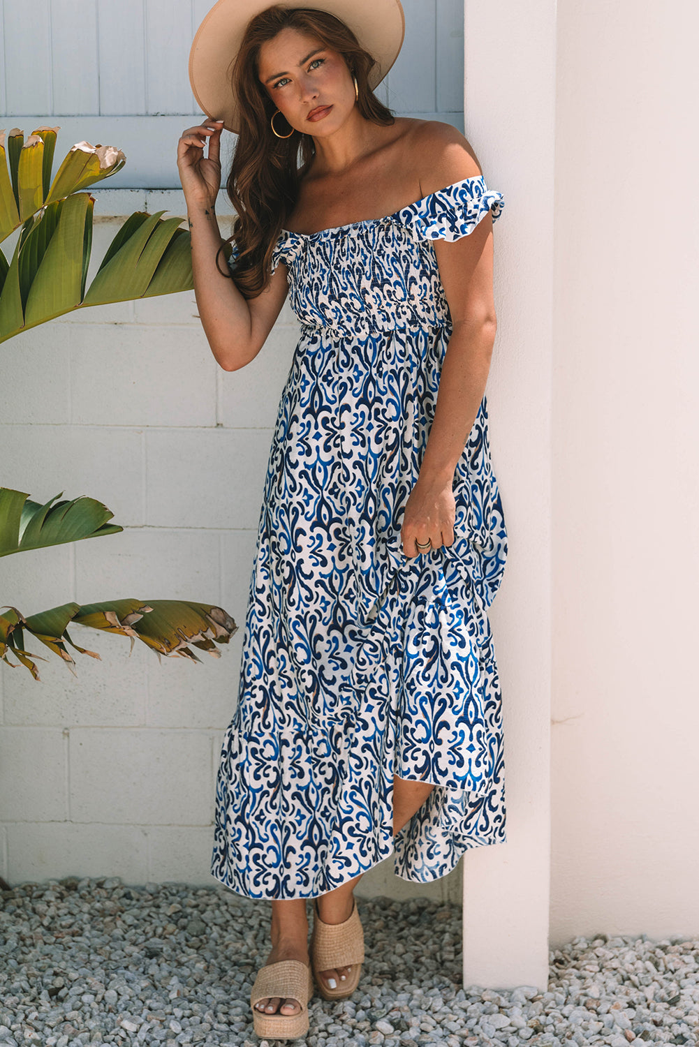 Sky Blue Boho Print Smocked High Waist Maxi Dress