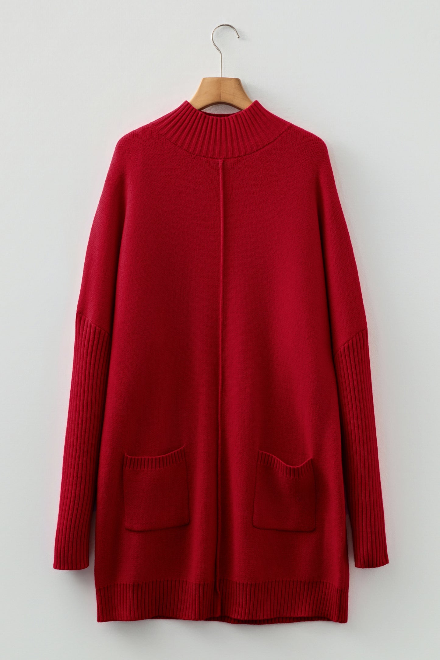 Fiery Red Ribbed High Neck Front Pockets Center Seam Shift Sweater Dress