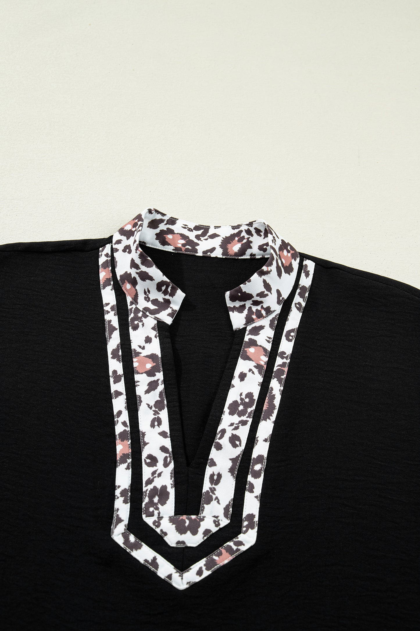 Rose Red Dolman Half Sleeve Leopard Patchwork Trim V Neck Blouse