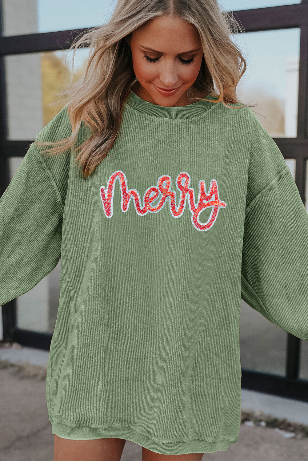 Grass Green Sequined merry Letter Graphic Twisted Ribbed Baggy Sweatshirt