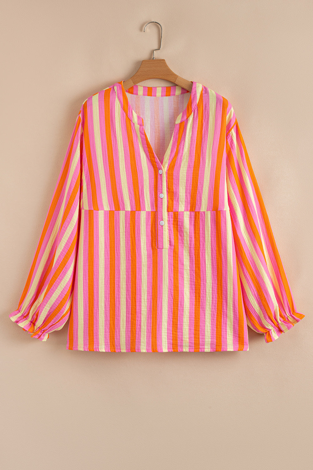 Pink Stripe Crinkled Half Buttons V Neck Plus Size Blouse