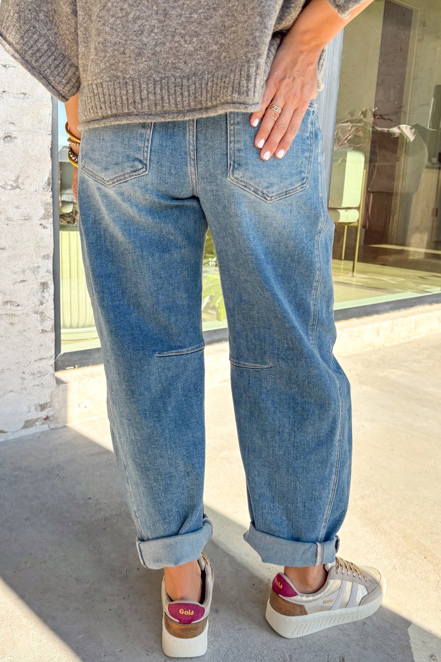 Sky Blue Medium Wash Cuffed Barrel Jeans