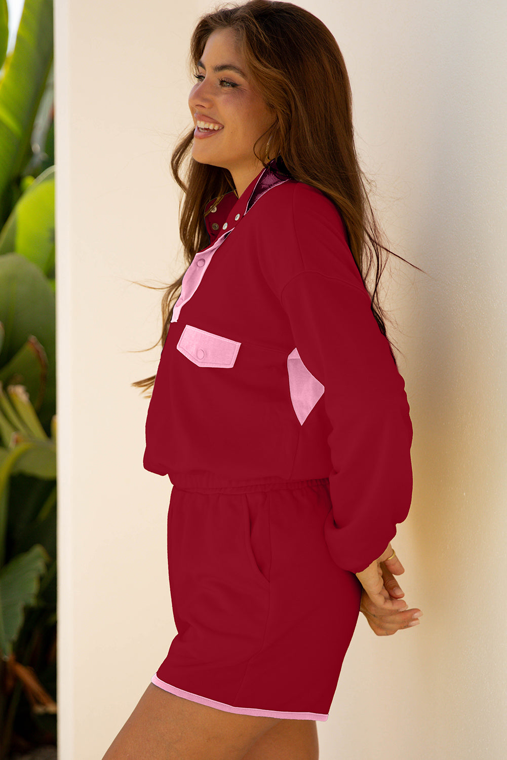 Red Dahlia Color Block Patchwork Half Button Pullover and Shorts 2pcs Outfit