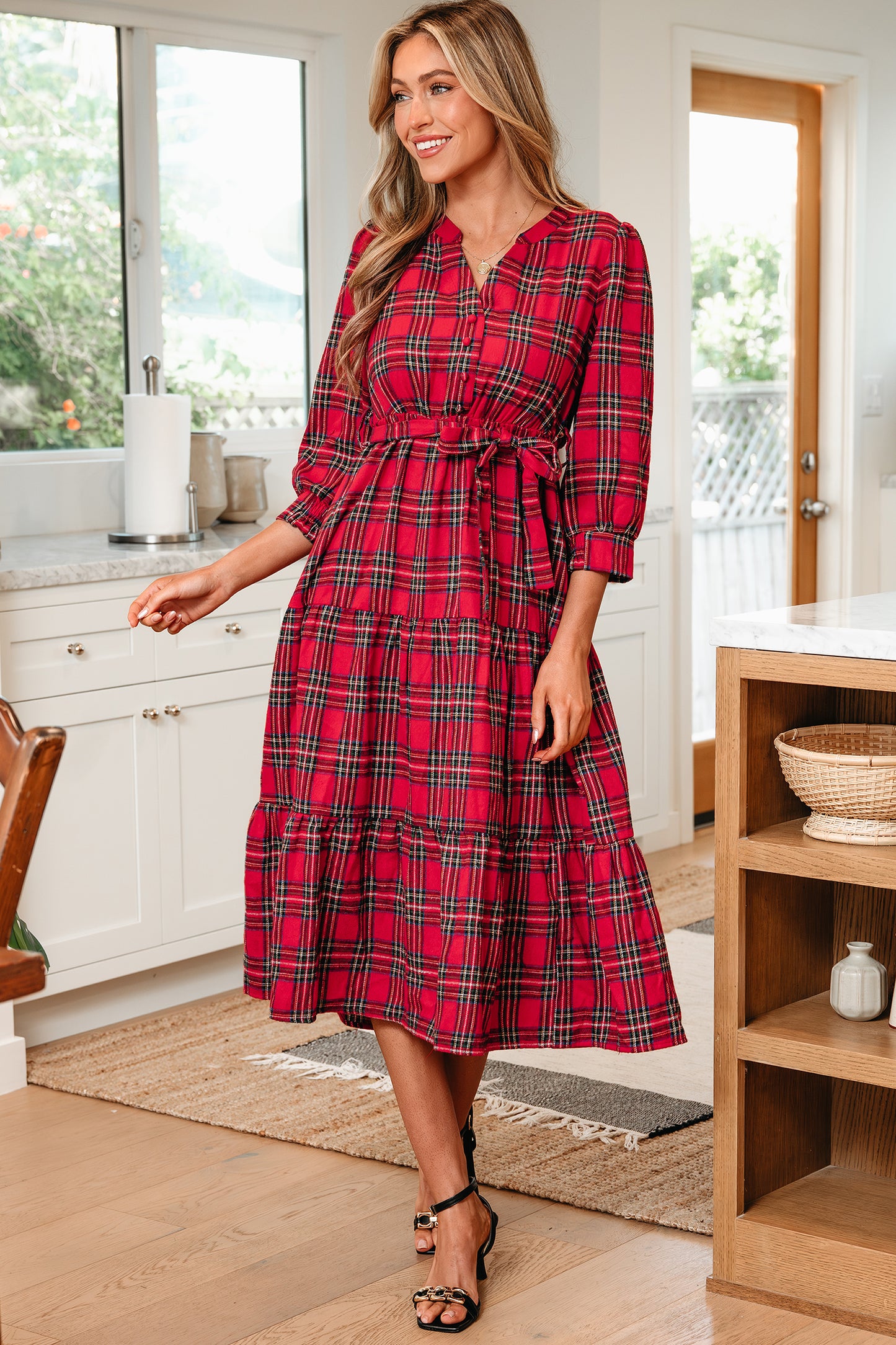 Red Christmas Plaid V Neck 3/4 Sleeve Tie Waist Ruffle Hem Long Dress