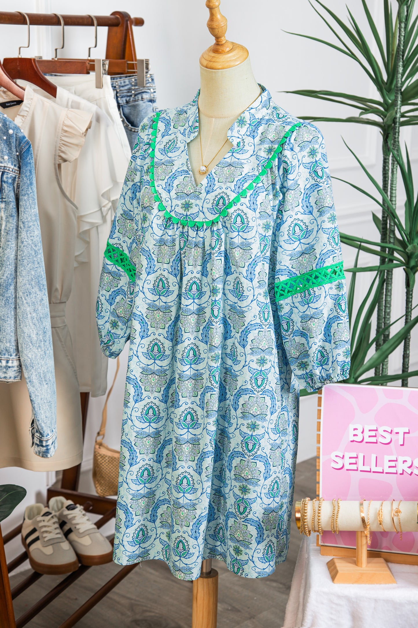 Sky Blue Boho Paisley Print Contrasted Patchwork Detail Bracelet Sleeve Loose Mini Dress