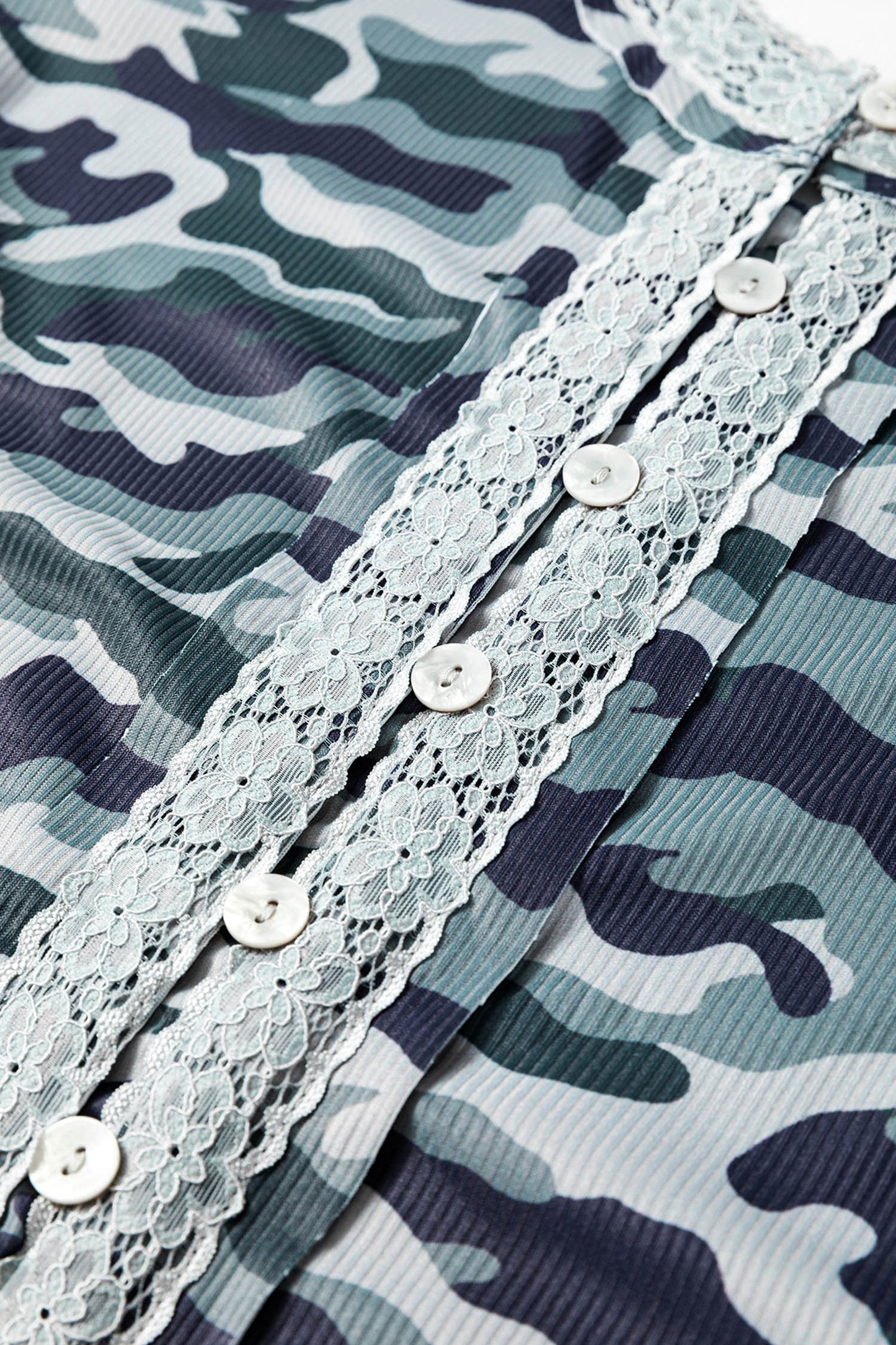 Green Camouflage Print Lace Patchwork Detail Button Long Sleeve Top