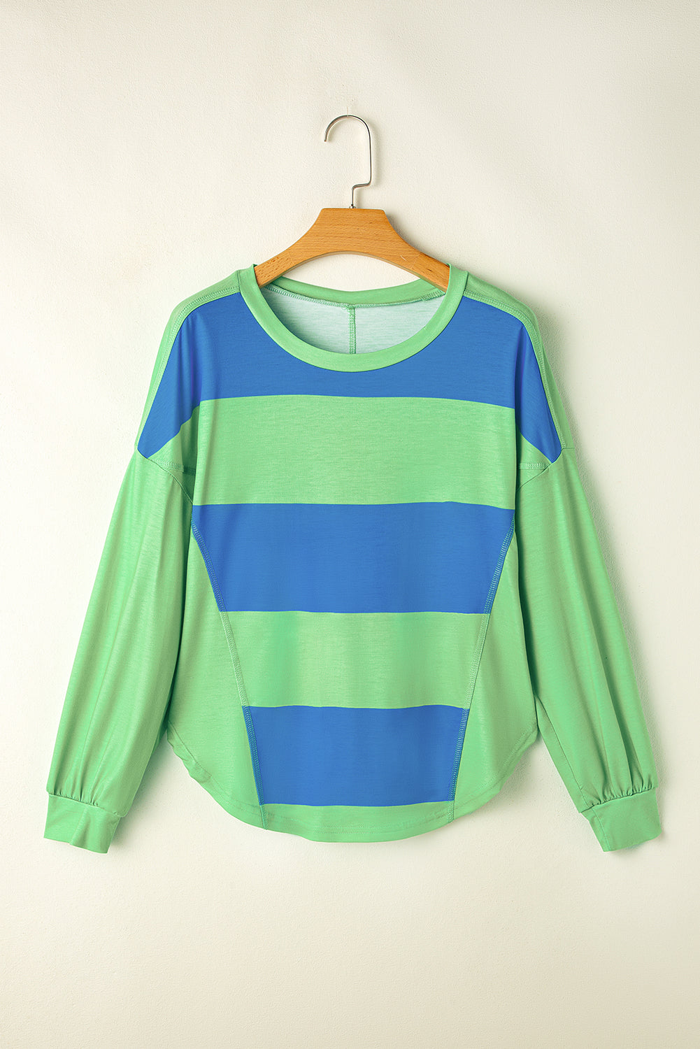 Light Green Colorblock Striped Drop Shoulder Loose Top