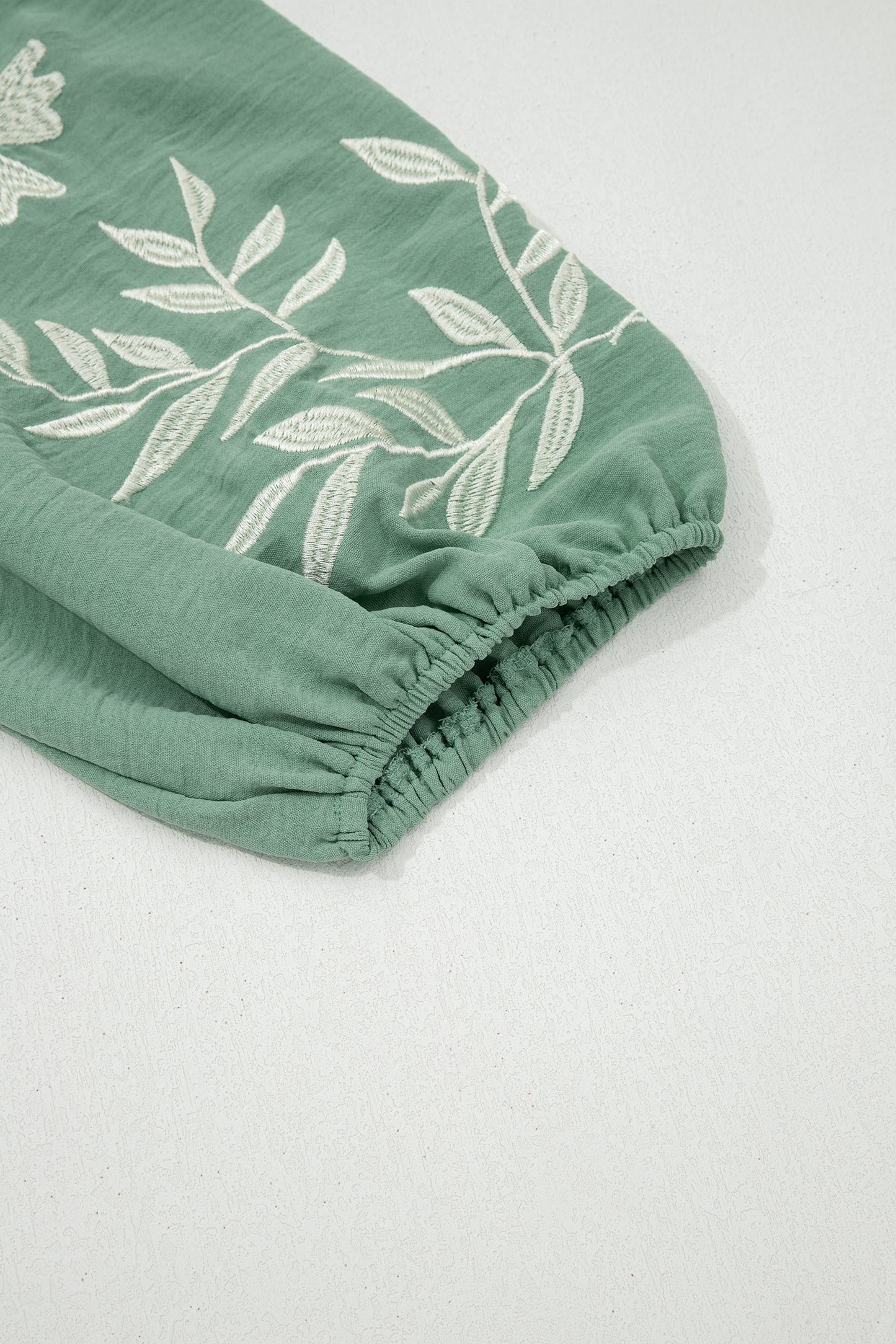 Smoke Green Color Block Patchwork V Neck Embroidered Puff Sleeve Babydoll Blouse