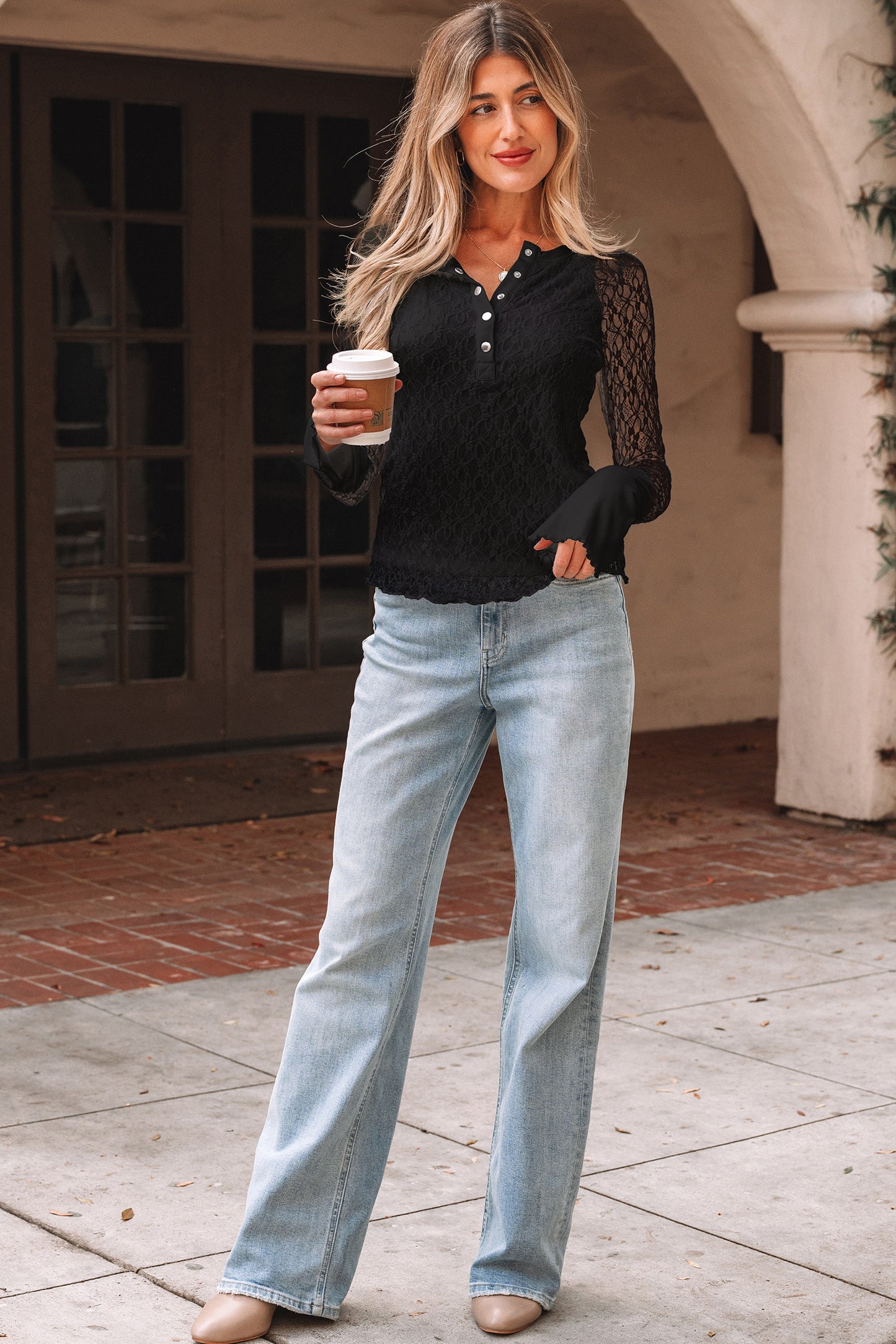 White Sheer Lace Long Sleeve Slim Henley Top