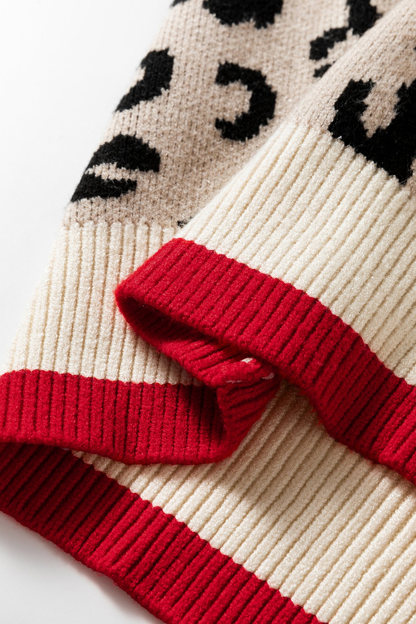 Khaki Leopard Pattern V-Neck Contrast Rib Knitted Sweater