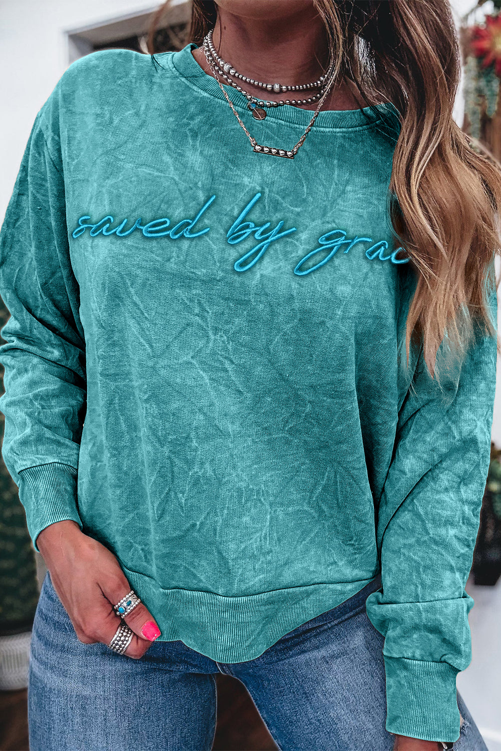 Real Teal saved by grace Letter Embroidery Mineral Wash Loose Sweatshirt