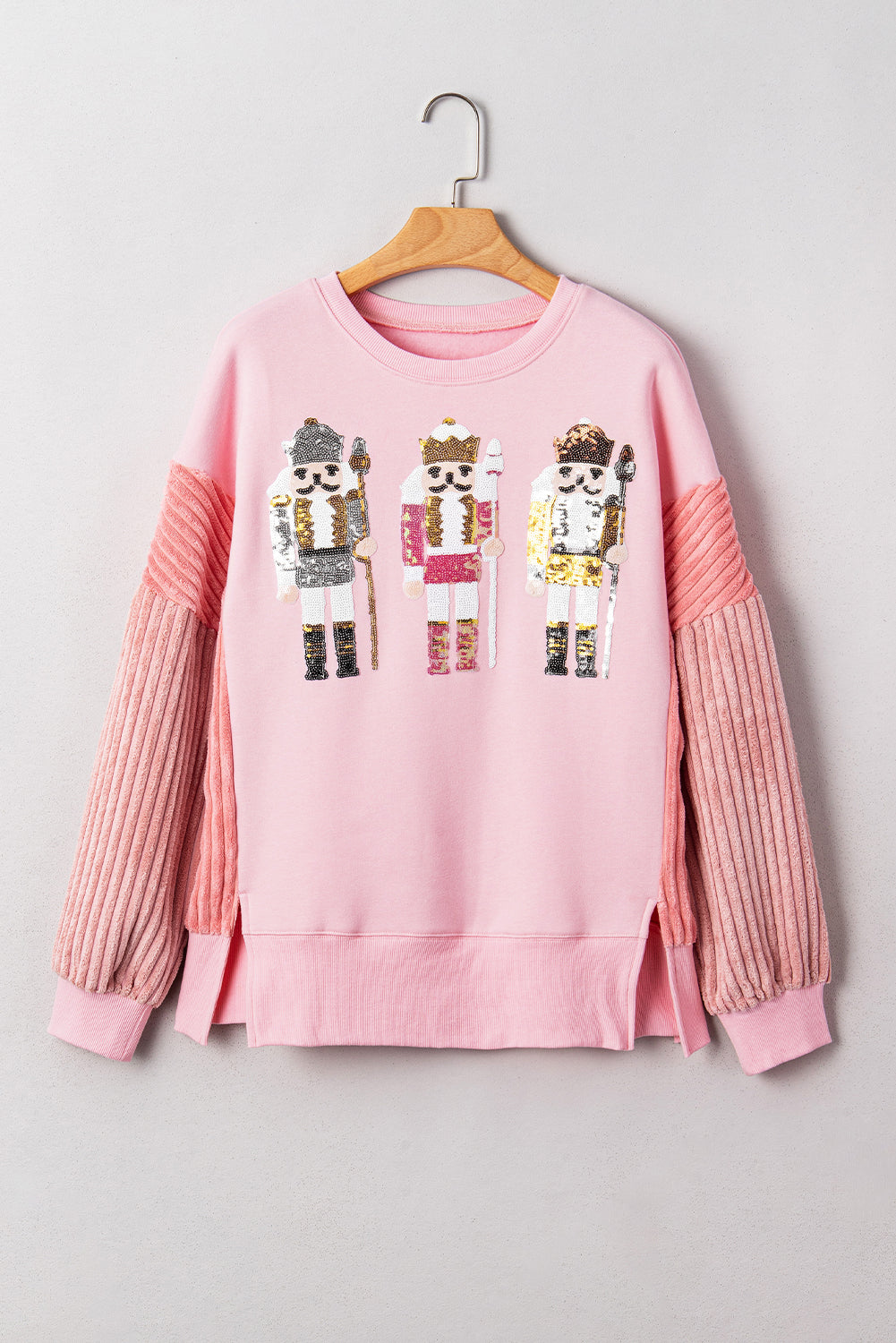 Light Pink Sequin Nutcracker Textured Sleeve Patchwork Color Block Sweatshirt