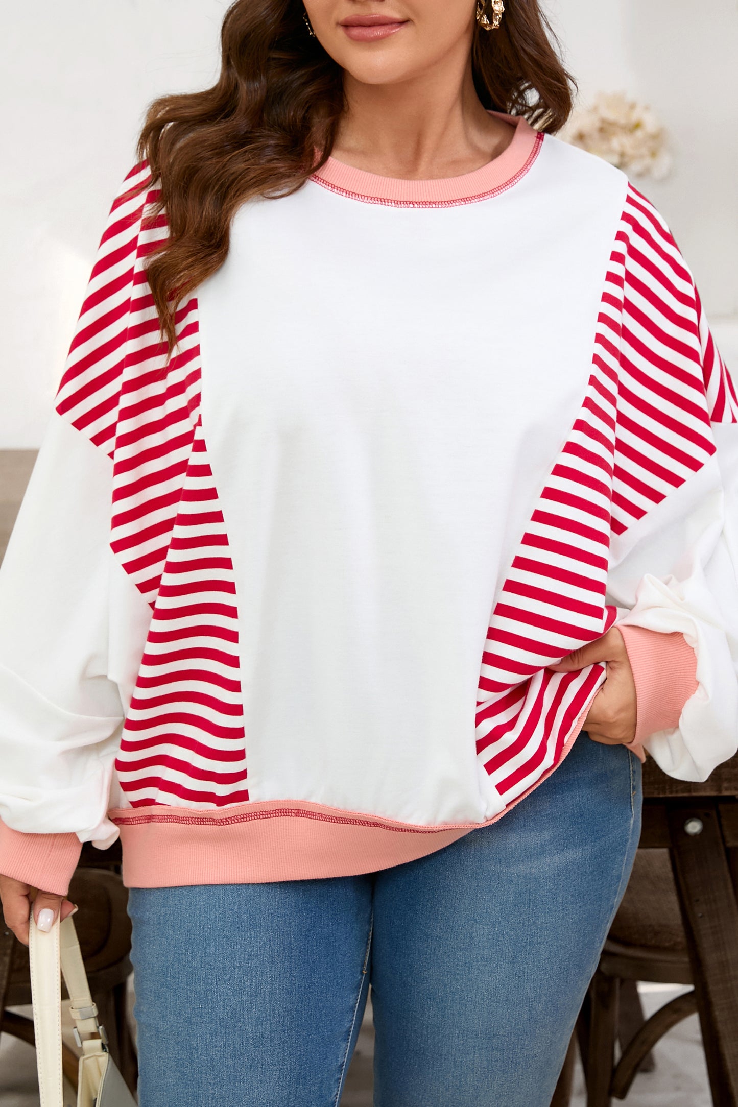 Red Stripe Color Block Patchwork Seam Detail Plus Size Sweatshirt