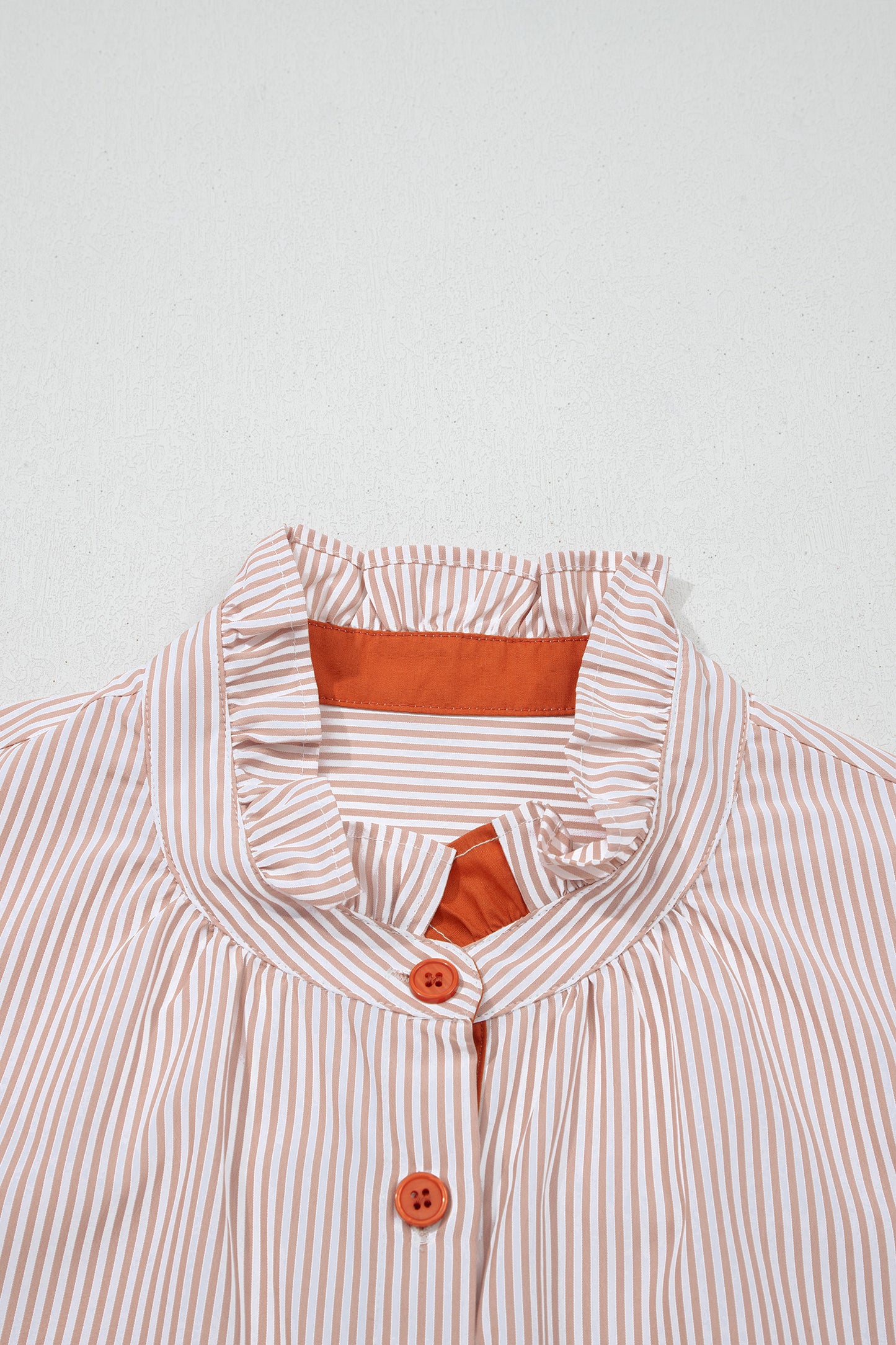 Khaki Stripe Color Block Patchwork Detail Frilled Collar Button Down Shirt