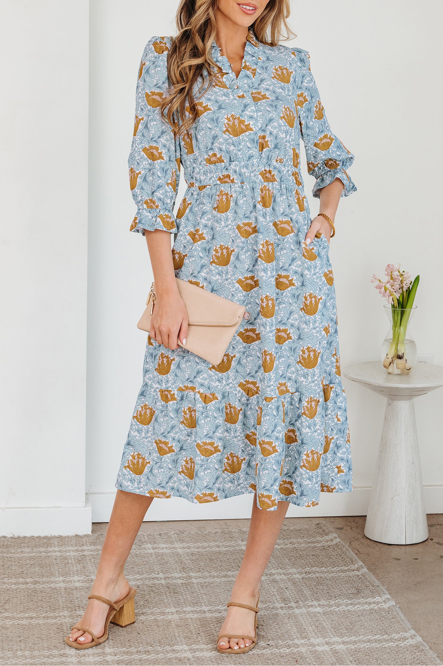 Brown Floral Printed Frilled V Neck Bracelet Sleeve Long Dress