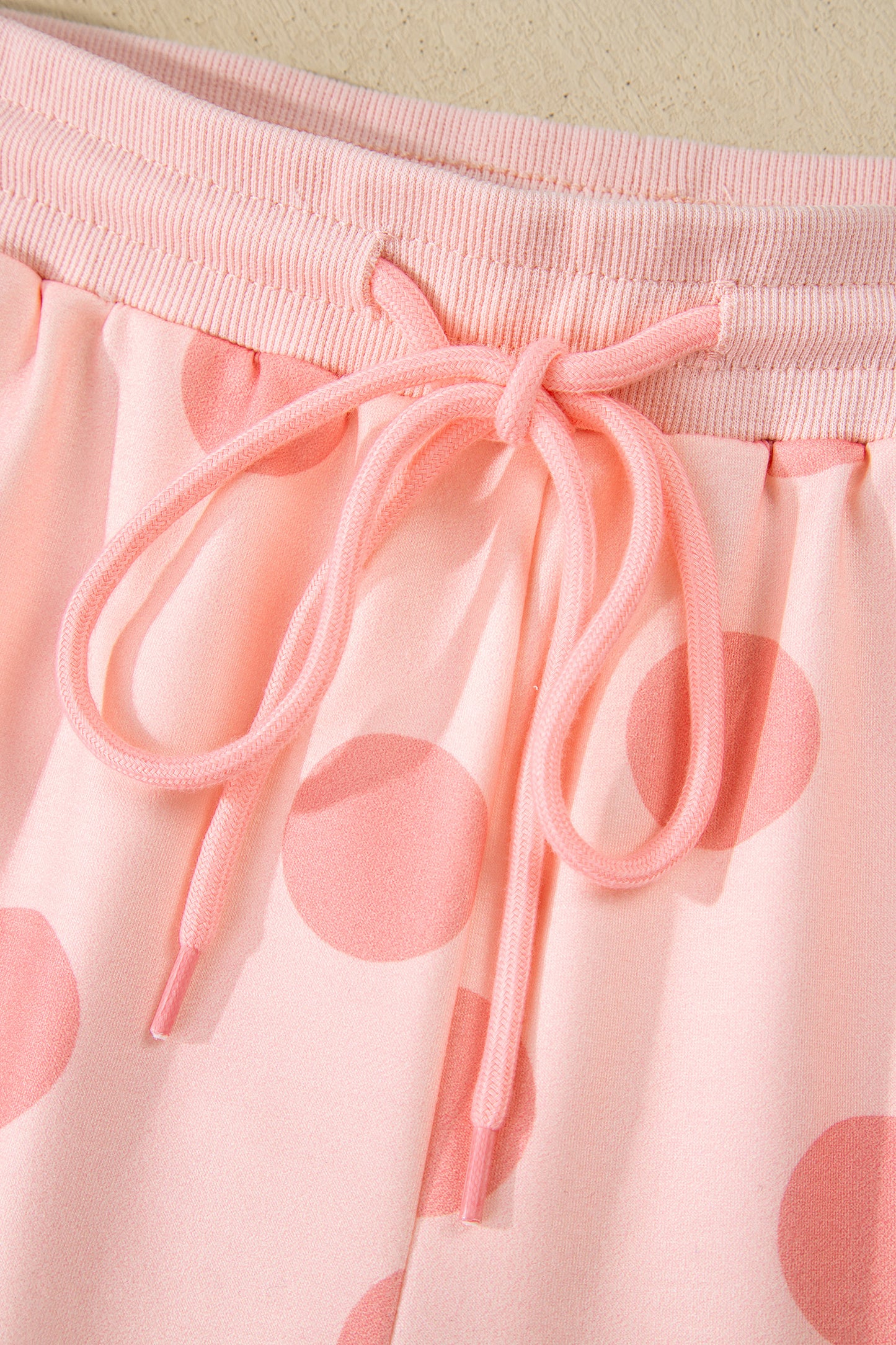 Sky Blue Polka Dot Print Drop Shoulder Pullover Drawstring Shorts Set