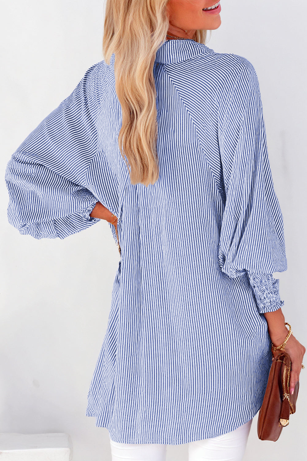 Sky Blue Smocked Cuffed Striped Boyfriend Shirt with Pocket